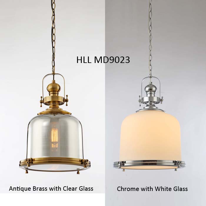 Vintage industrial pendant light in clear glass with antique brass and chrome