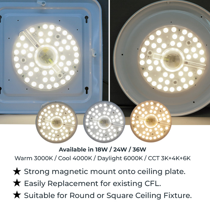 Magnetic LED Ceiling Module in round and square ceiling plate with lights on